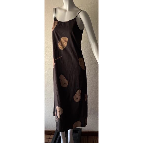 Japanese Noh Faces Brown Midi Slip Dress Fall Japanese Art Wear Lagenlook Medium - Picture 8 of 16